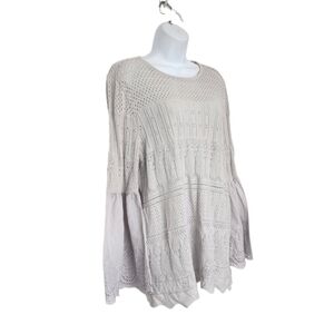 Curations Womens Peasant Blouse 1X Mixed Fabric Eyelet Embroidery Bell Sleeve.